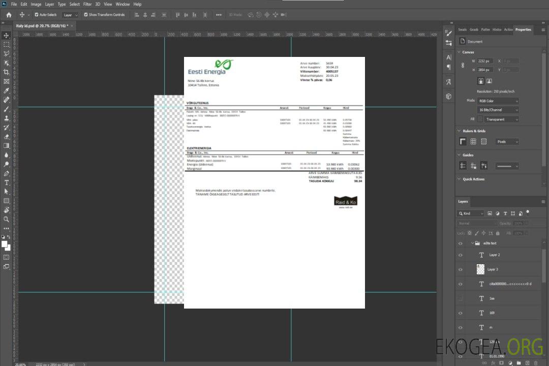 Facture commerciale du service public d'électricité Eesti Energia SCR template